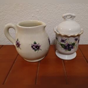 Norcrest Sweet Violet Pearl Luster Gold Trim Jam/Sugar Pot & Handmade Creamer
